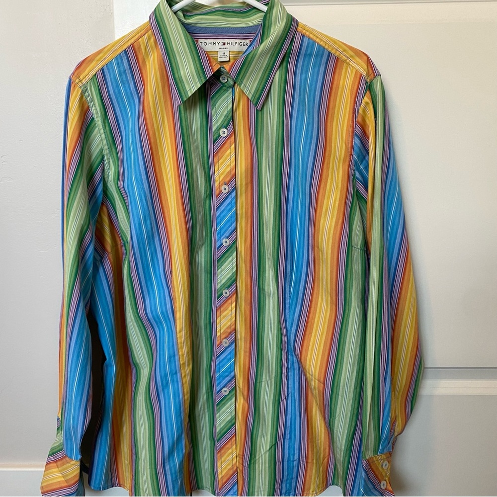 Tommy Hilfiger Vintage Y2k Button Down Size 18 Striped Long Sleeve Cotton Blouse